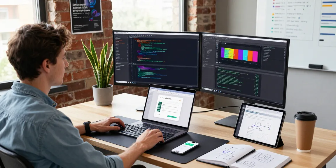 Developer coding in a modern workspace at teiegramin.com, featuring dual monitors and vibrant designs.