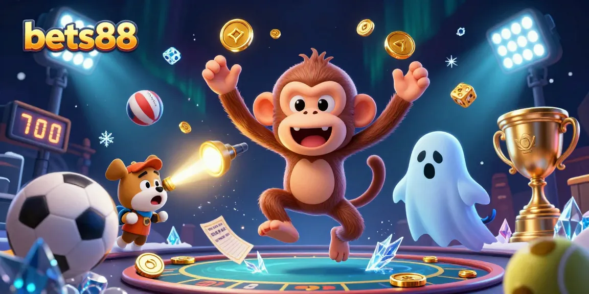 Bets88 offers exciting gaming action with a poltergeist monkey and ghost-hunter puppy amid a lively casino.