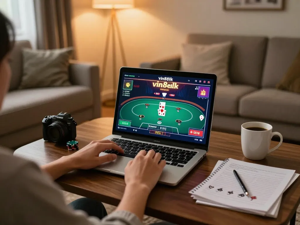 Engaging gameplay on a laptop at home, featuring vin88lk poker interface and strategy notes.
