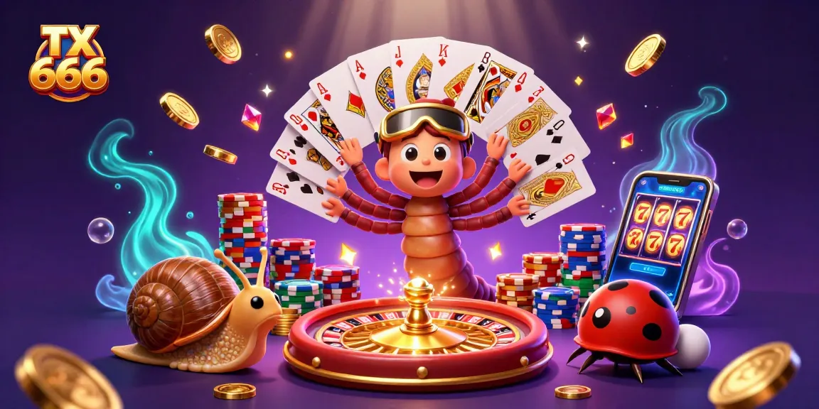 Engage with TX 666 excitement, featuring a millipede dealer and vibrant casino elements.