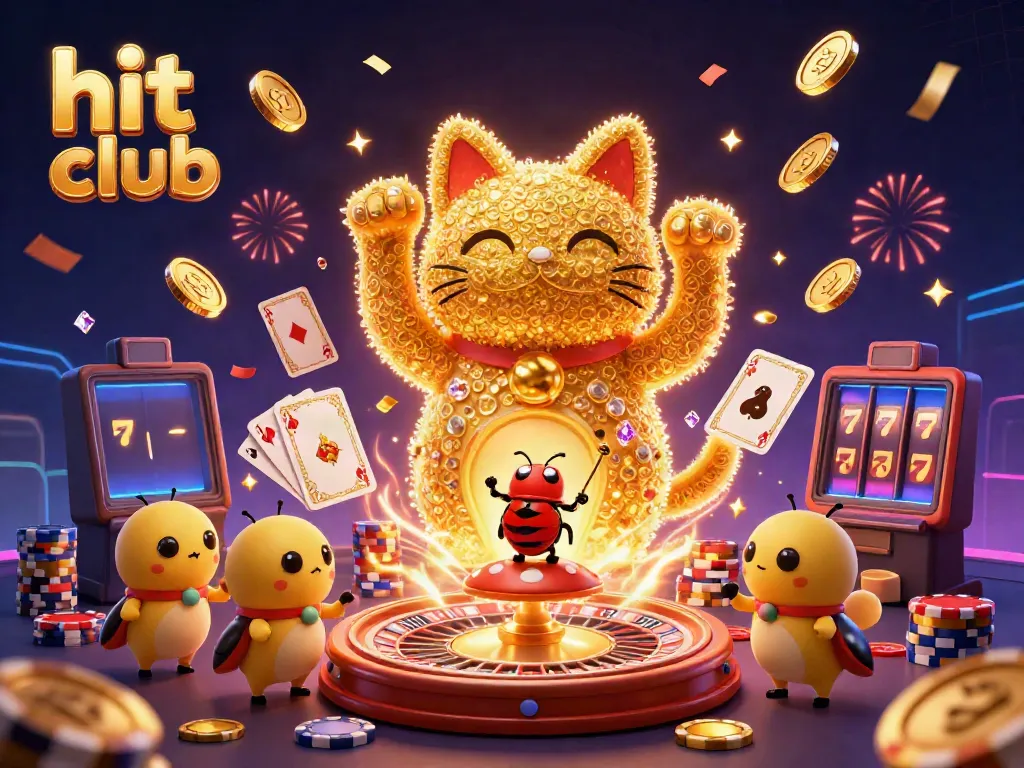 Experience thrilling games at hit club with captivating lucky cat seen amidst vibrant casino symbols.