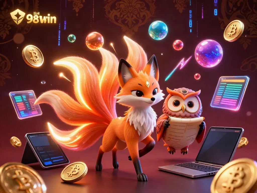 Engage with link 98win through vivid 3D artwork showcasing a fox spirit and owl, surrounded by neon-lit crypto elements.