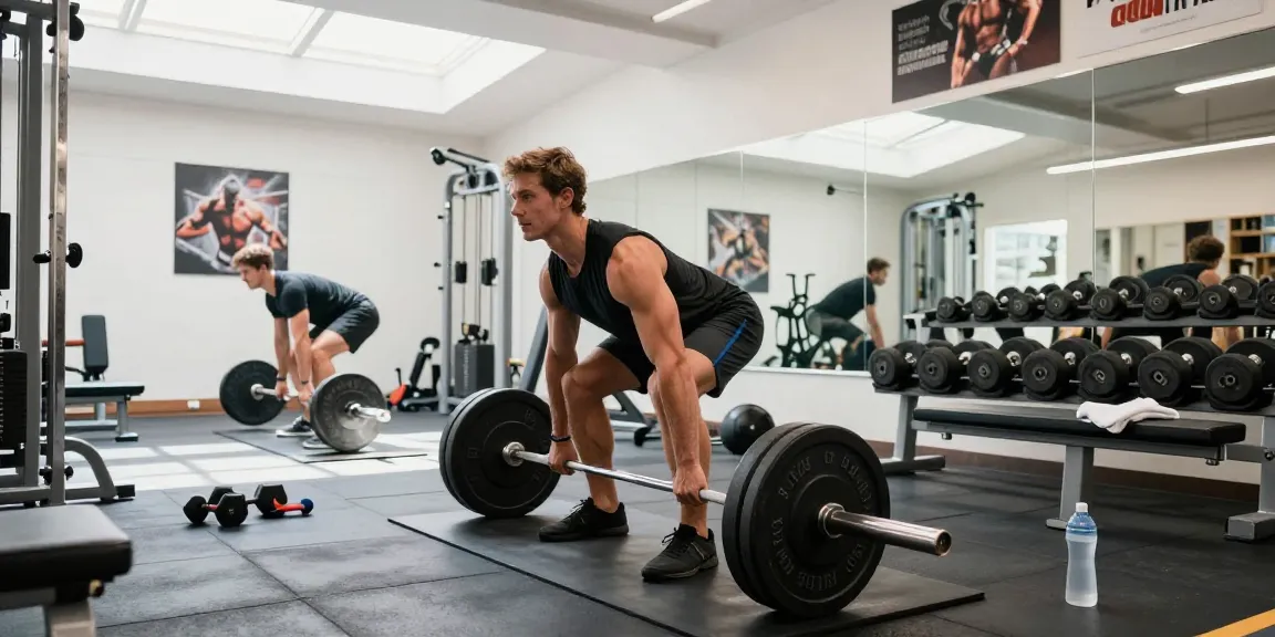 Bodybuilder hebt Gewichte im Fitnessstudio und betont die Krafttrainingsprodukte von Steroidshop.