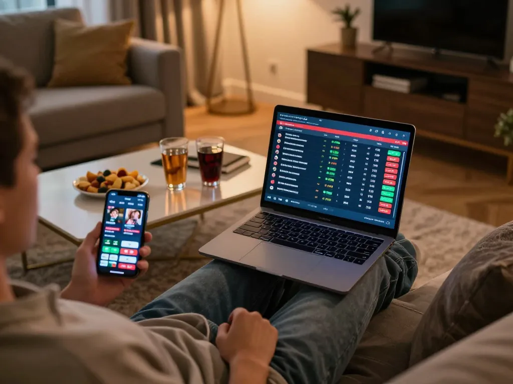 Engaging in online sports betting with tỷ lệ kèo nhà cái 5 displayed on screen, strategizing bets at home