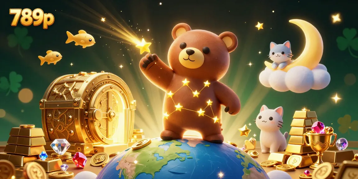 Win big with 789p as a constellation bear scoops coins amidst gold and jewels in a dazzling illustration.