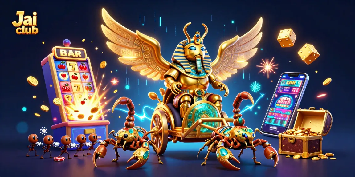 Experience thrilling wins at Jai club with this vibrant casino illustration including slots and poker!