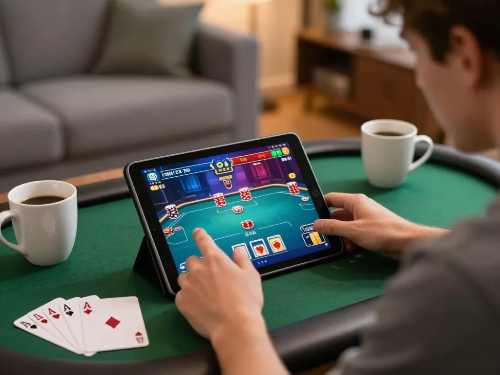 Player enjoying poker on a tablet while accessing 789win01 for online gaming, creating an engaging home experience.