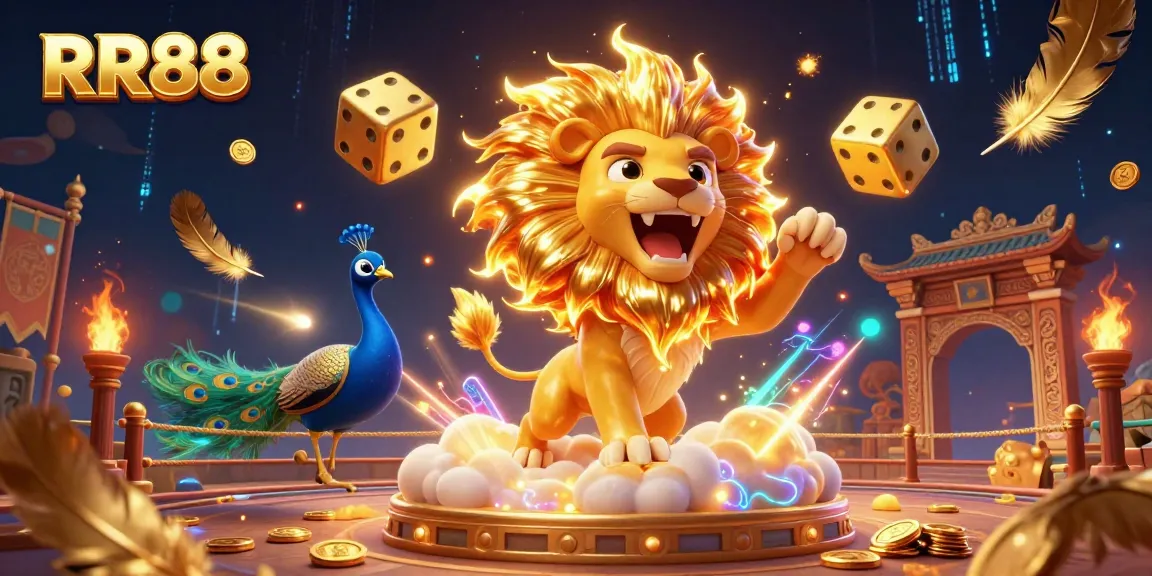 Engage with RR88's thrilling casino experience, featuring golden dice and a roaring sun lion in a vibrant gaming arena.