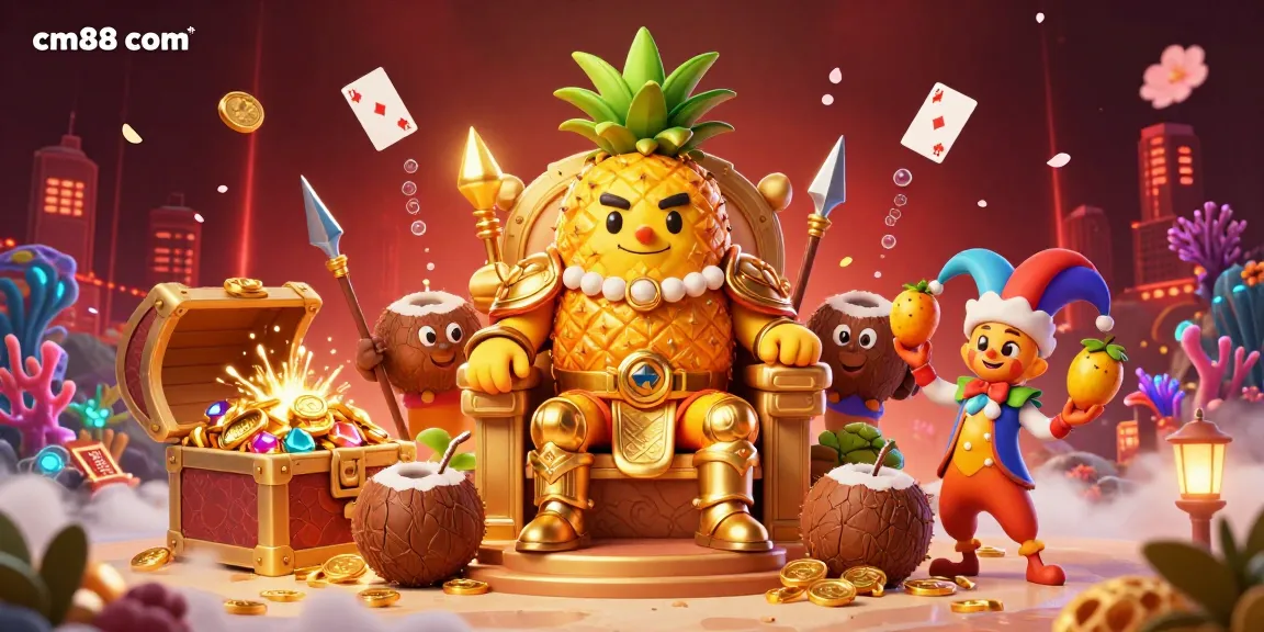 Engage with cm88 com in a vibrant casino scene featuring a golden pineapple king and his entertaining entourage.