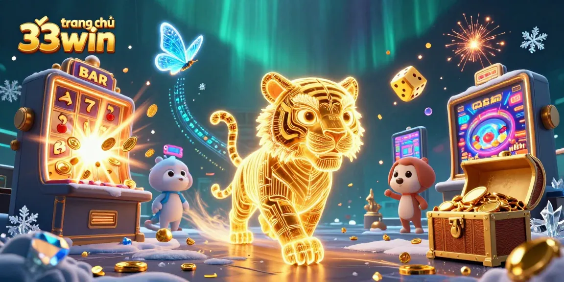 Experience the vibrant digital scene of trang chủ 33win, featuring a neon tiger amidst a jackpot explosion in a thrilling casino