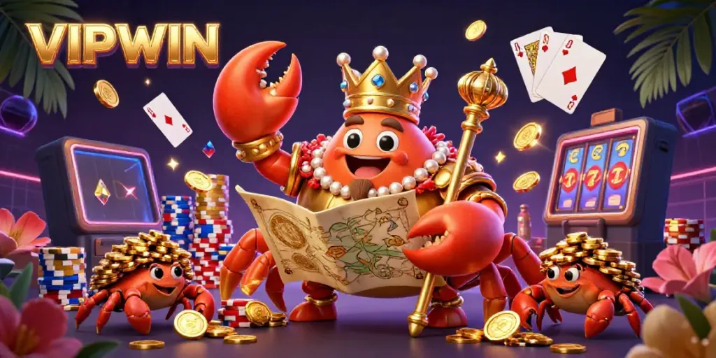 Win big with VIPWIN's golden crab emperor amidst cascading treasures and vibrant casino elements.