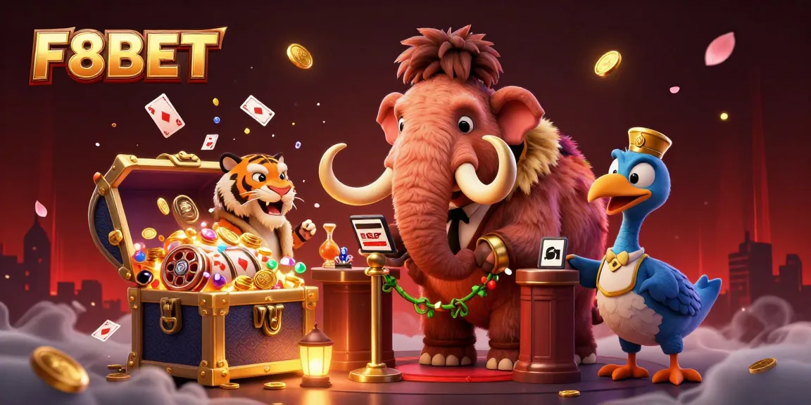 Engaging scene showcasing the vibrant F8BET gaming experience with a woolly mammoth bouncer, VIP saber-tooth tiger, and treasures.