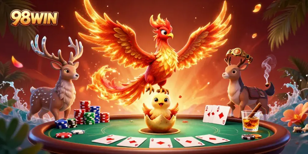 Engage with games at 98WIN with a vibrant scene featuring a phoenix and poker elements.