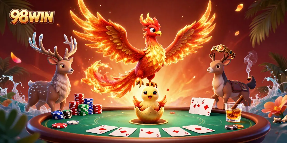 Engage with games at 98WIN with a vibrant scene featuring a phoenix and poker elements.
