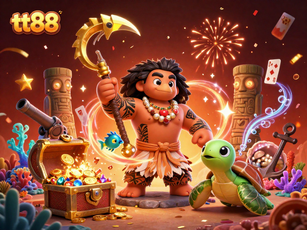 Engage with TT88's thrilling gaming world featuring a demigod hawk and vibrant casino elements.