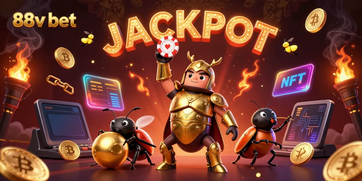 Join the excitement at 88v bet with a triumphant hercules beetle and glowing cryptocurrency elements in a vibrant casino scene.