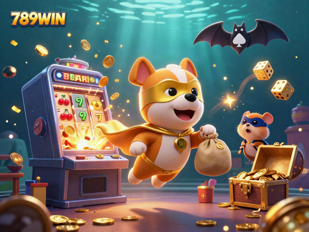 Experience exciting gameplay with 789WIN as a superhero dog and sidekick Hamster uncover vast treasures in a vibrant slot scene.