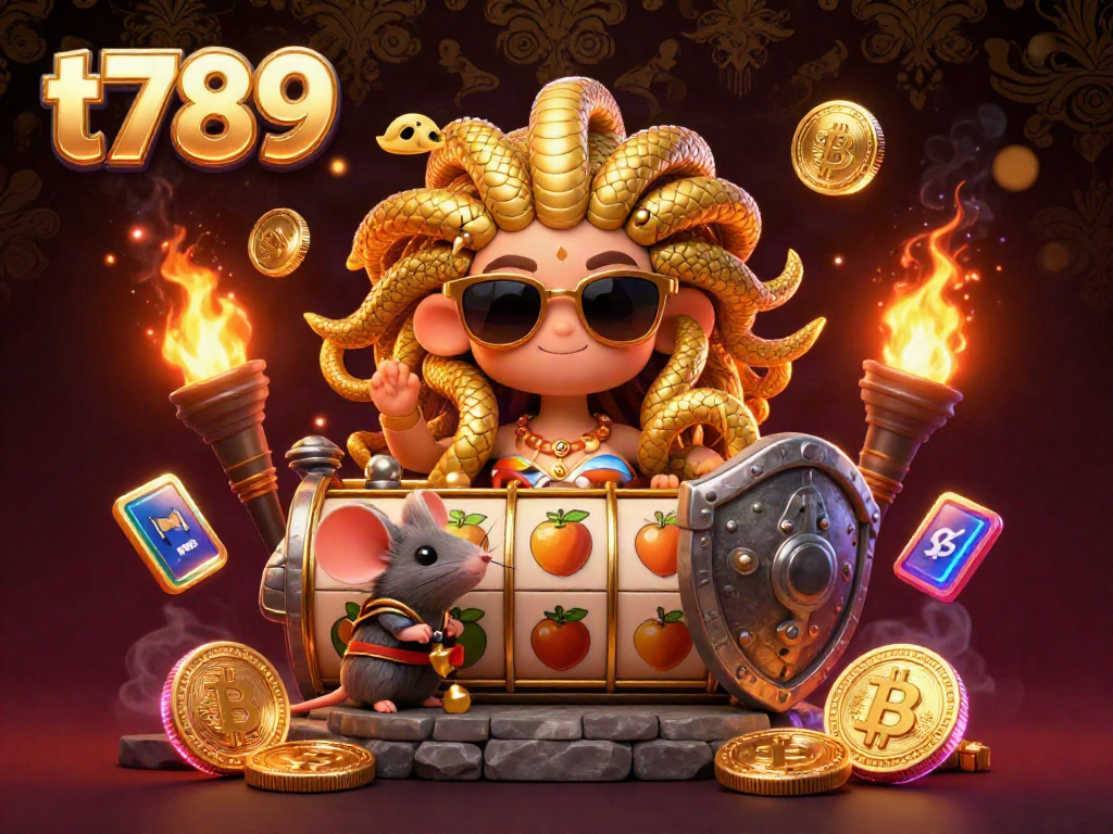 Experience thrilling slots with t789, featuring friendly Medusa and a warrior mouse in a dynamic gambling scene.