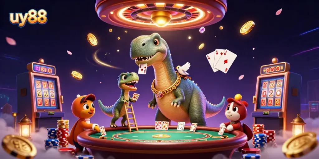 Experience the excitement at uy88 with a playful dinosaur and raptor dealer in a vibrant casino setting.