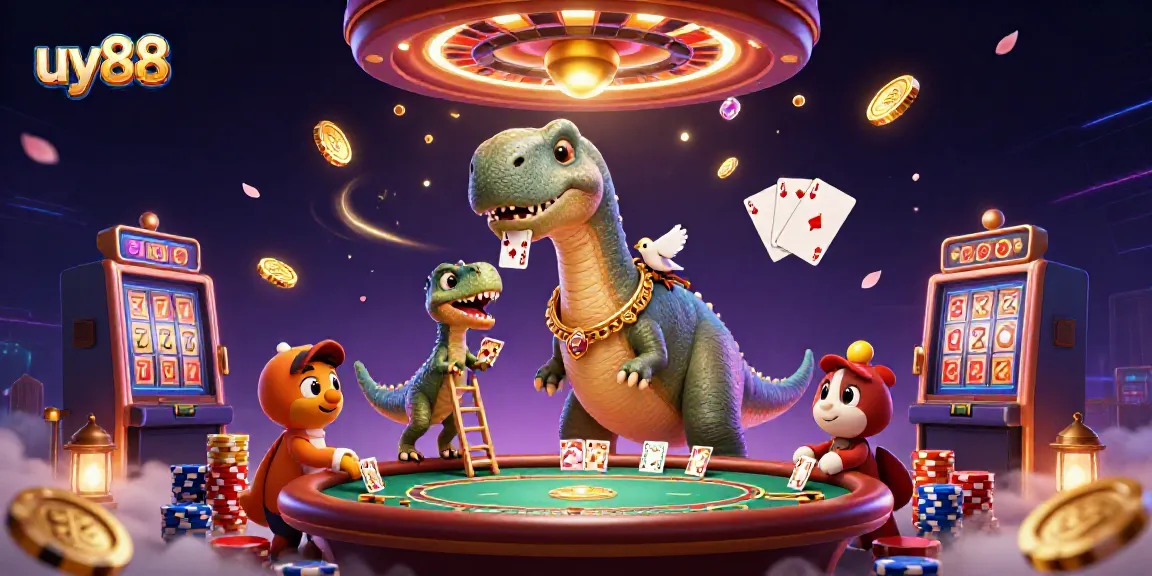 Experience the excitement at uy88 with a playful dinosaur and raptor dealer in a vibrant casino setting.