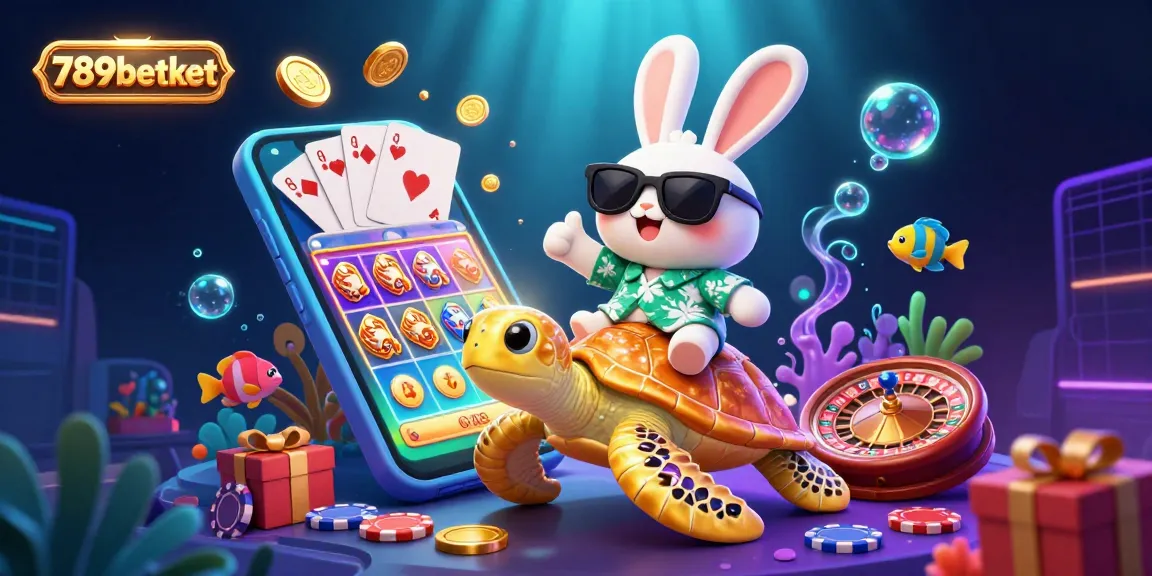 Experience 789betket's vibrant gaming world with our lucky rabbit and golden turtle amidst fun casino action.