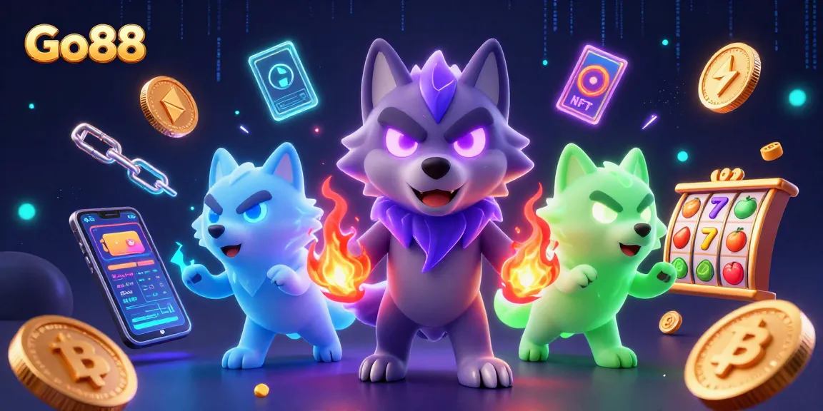 Go88's captivating 3D cartoon wolves amidst slot machines, evoking thrilling casino excitement.