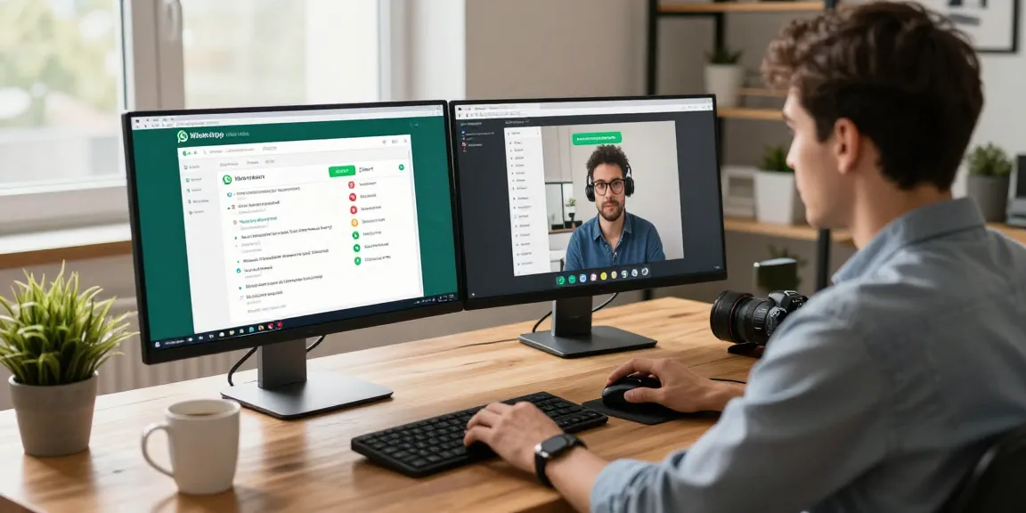 Dynamic WhatsApp網頁版 workspace scene, featuring a user engaged with messages on dual monitors amidst a bright office environment.