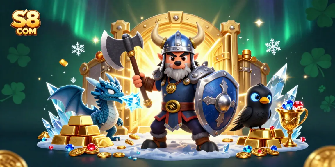 Engage in the thrilling world of S8 COM with an exciting 3D illustration of a Viking wolf warrior, dragon, and treasure!
