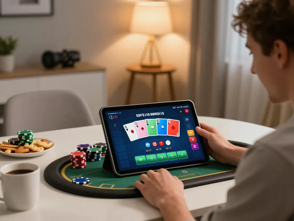 Engaged player enjoying a dynamic b52club poker game on a tablet in a cozy home setting
