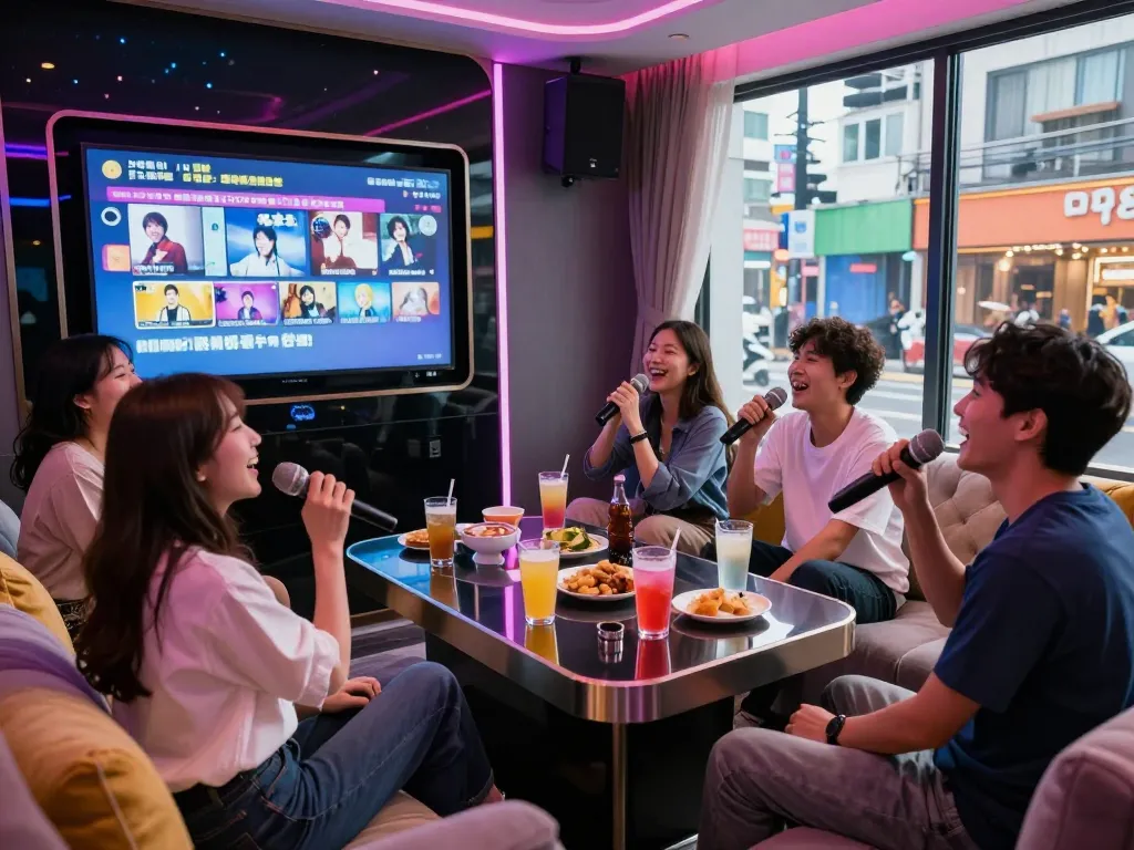 부평에 있는 3no.org/bupyeong의 개인실에서 노래를 즐기는 그룹.