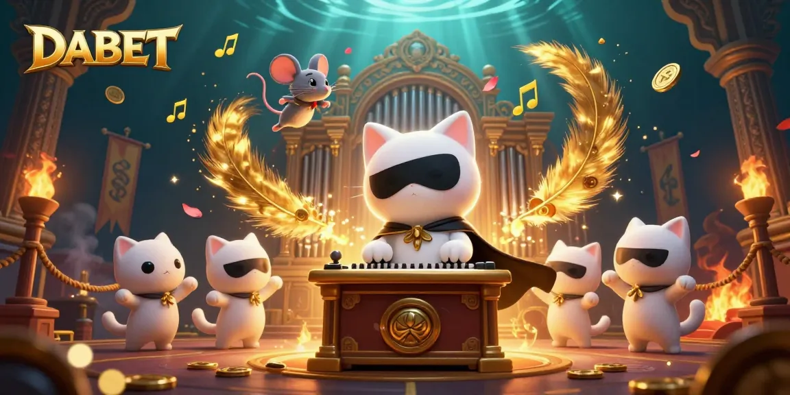 DABET engages players with vivid 3D illustrations of a casino scene featuring cat organist and mouse acrobat.