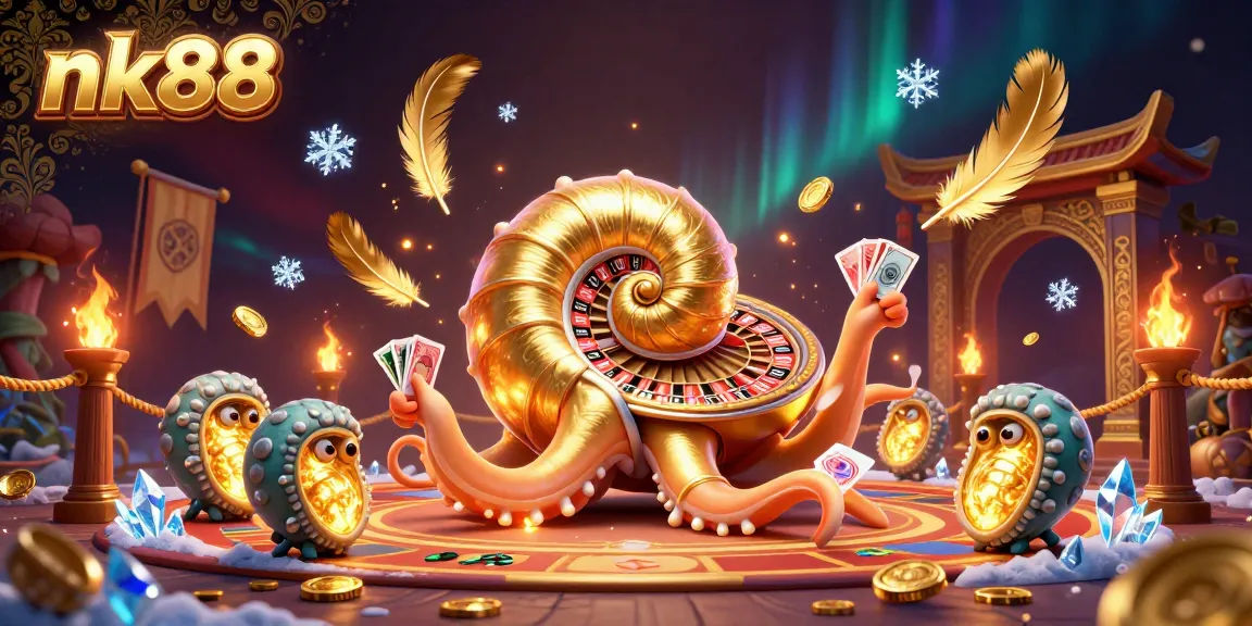 Engage with nk88’s thrilling casino experience illustrated with a giant nautilus roulette wheel and vibrant gold elements.