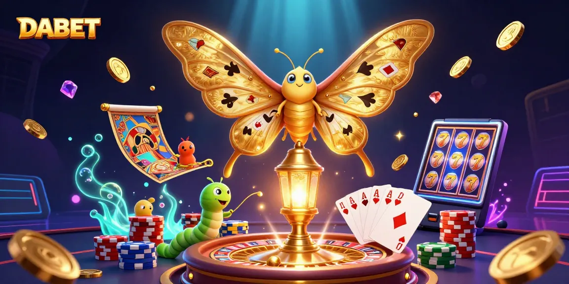 DABET casino scene featuring a vibrant 3D cartoon moth, golden coins, and spinning roulette wheel.