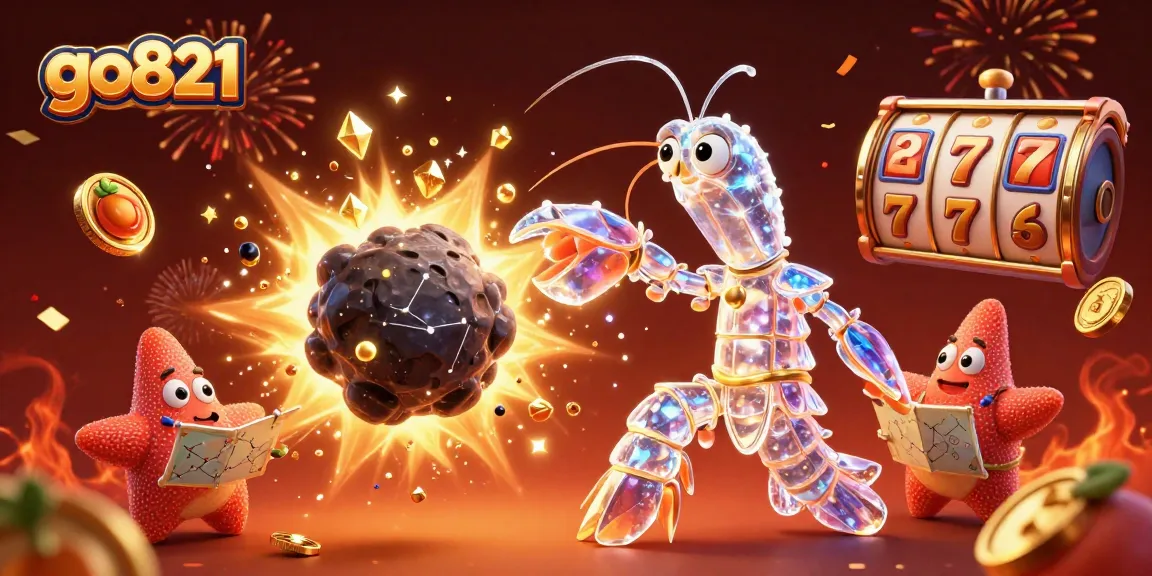 Experience thrilling wins at go821 with a dynamic casino-themed 3D illustration featuring vibrant slot game elements and characters.