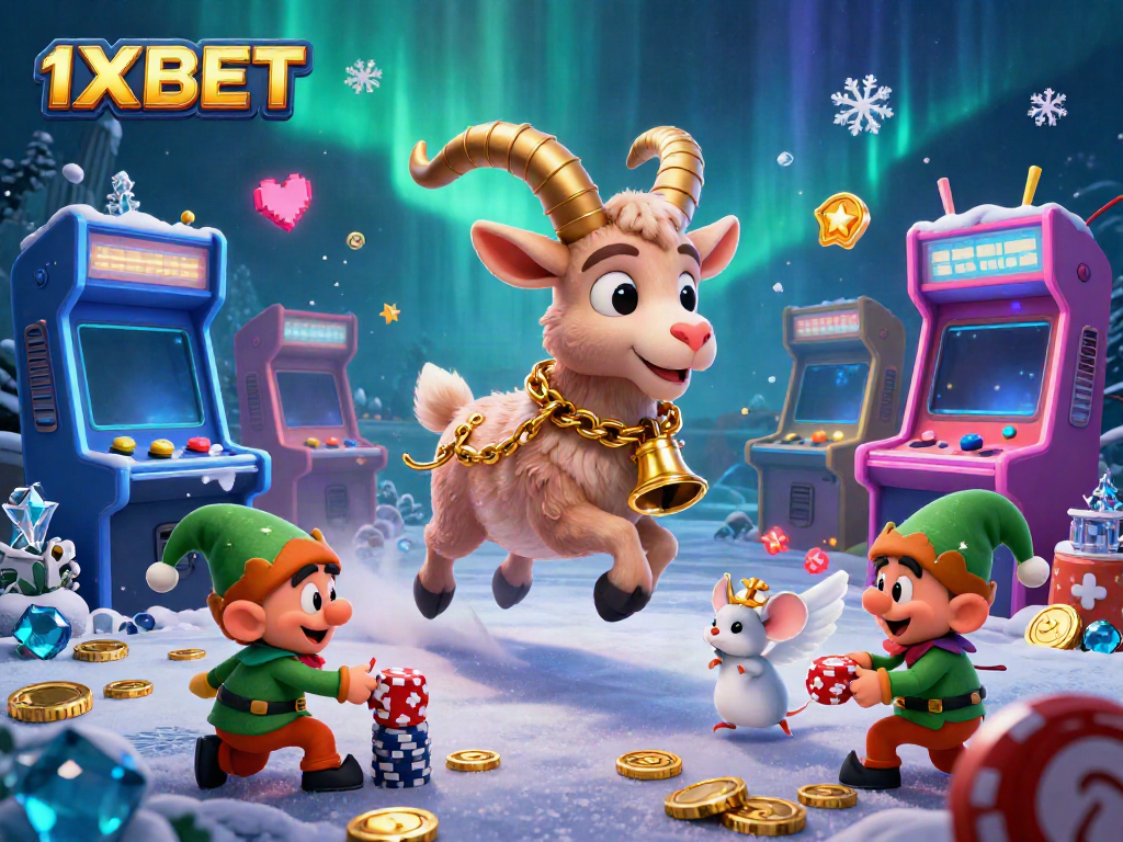 Experience the excitement of 1XBET as Krampus, an angel mouse, and elf gremlins animate a dynamic casino scene.