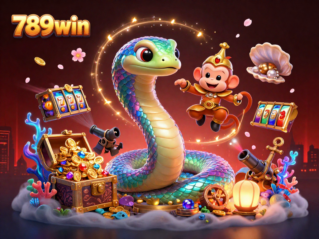 Play thrilling games at 789win with a vibrant 3D scene of a rainbow serpent and monkey king amidst treasure.
