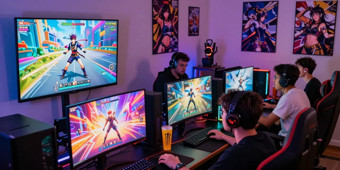 Engaging gamers playing hentai games on vibrant screens in a lively gaming setup.