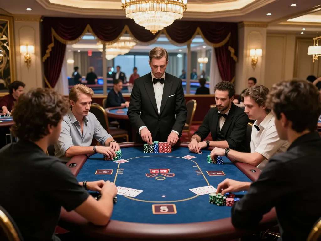 KJC players competing in a luxurious poker game, showcasing high-stakes strategy and vibrant atmosphere