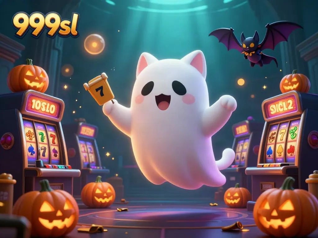 Engage in thrilling adventures with 999sl's ghost cat in a haunted casino, surrounded by iconic gaming elements.