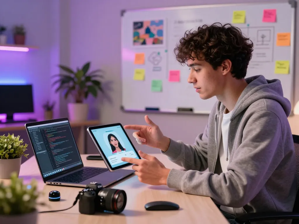 Engaging with an AI gf app in a futuristic tech workspace