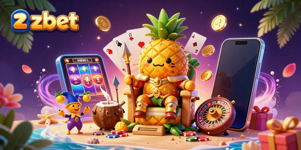Experience thrilling slots with zbet amidst vibrant casino visuals, showcasing a lively tropical atmosphere.
