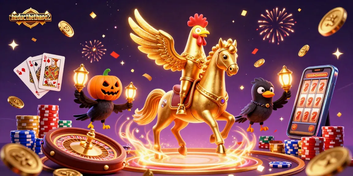 Engage in thrilling gameplay at theducthethaoq2 with a stunning visual of a golden rooster and friends in a vibrant casino.