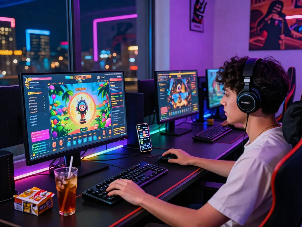 Scena di gioco online con i migliori casino non AAMS, giocatore davanti a computer, atmosfera vivace e coinvolgente.