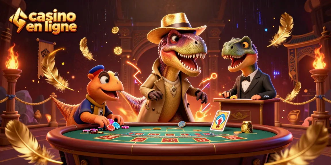 Jouez à des jeux captivants au casino en ligne avec une illustration de dinosaures aux tables de blackjack.