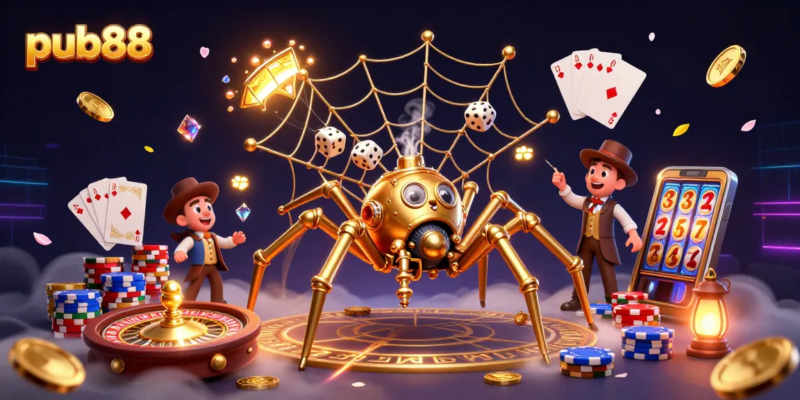 Experience winning with pub88's vibrant 3D casino illustration depicting golden coins and poker chips.