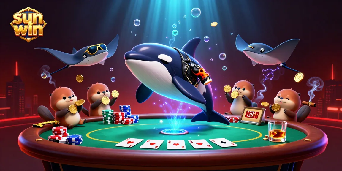 Engage with the vibrant sun win scene featuring thrilling aquatic characters and dynamic poker elements.