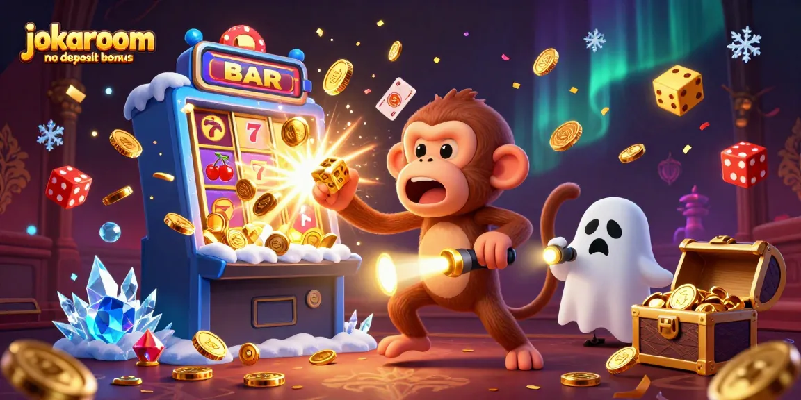Engage with the jokaroom no deposit bonus as a playful poltergeist monkey juggles golden rewards in a vibrant casino.