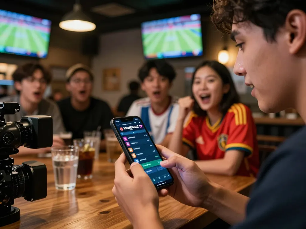 Engaging with keonhacai tv betting app at a bustling sports bar