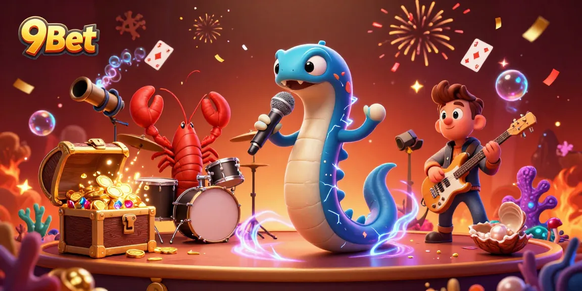 9Bet's electric eel DJ energizes an underwater casino stage filled with treasure and excitement.