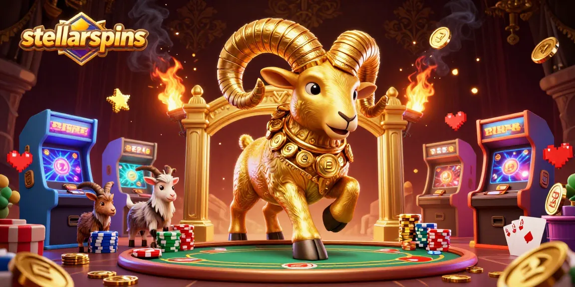 Engage in stellarspins poker strategies with vibrant golden ram and arcade game scenes.